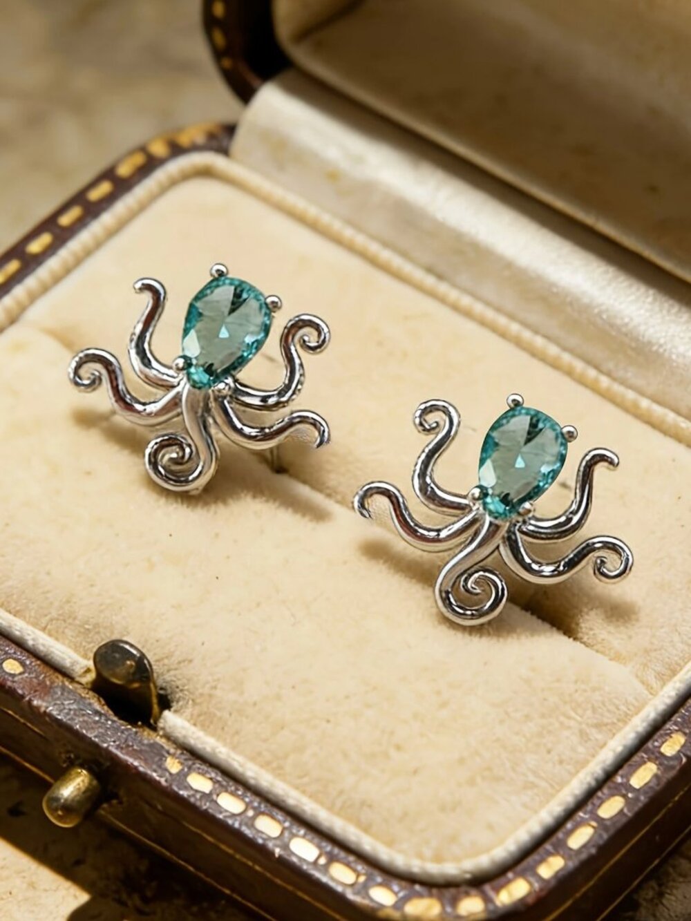 Teal Gemstone Octopus Earrings